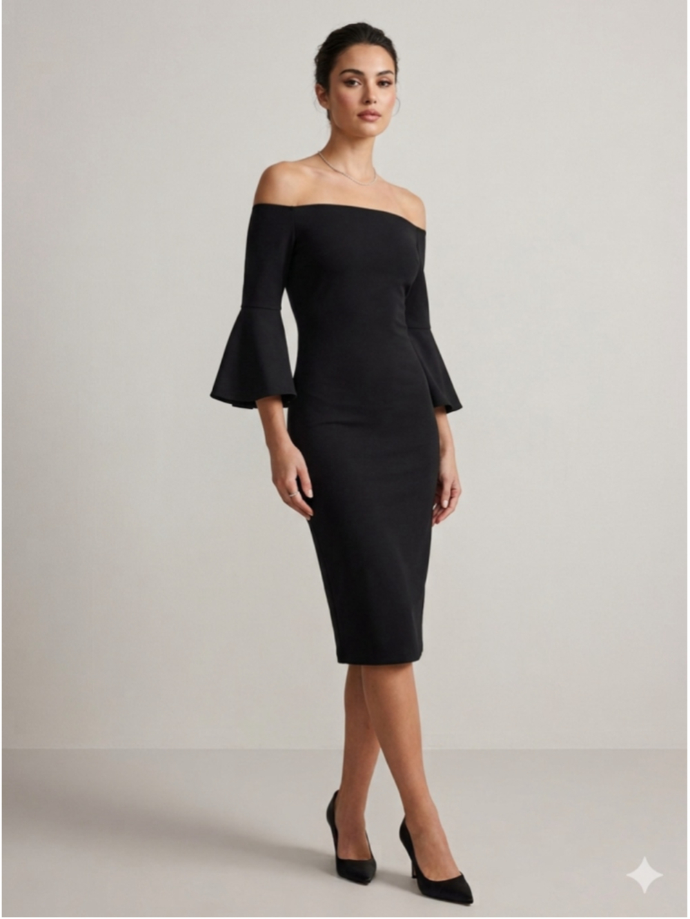 Women's Betsy & Adam Black Off-Shoulder Midi Dress Size 6. 
Wedding 1963